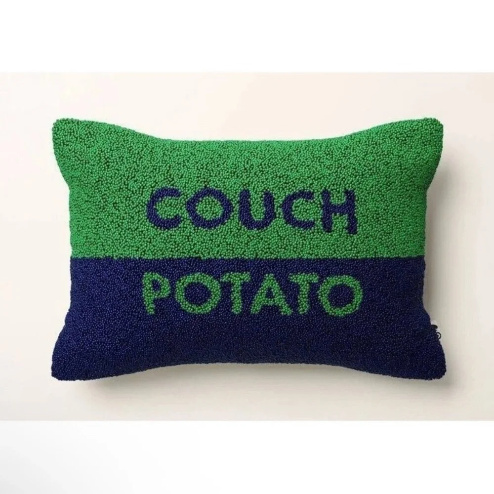 Kate Spade COUCH POTATO Navy Blue & Green Beaded Accent Lumbar Throw Pillow